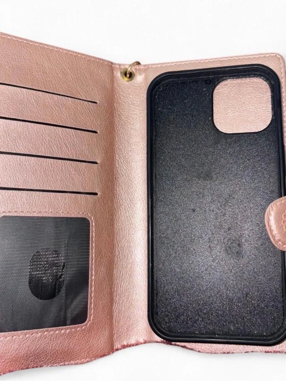 Leather-Style Embossed Floral Wallet iPhone 13 Case - Rose Gold